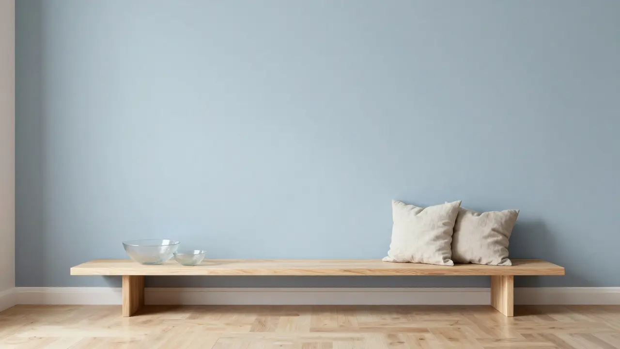 Moderne Japandi-Einrichtung mit blauer Wand und nachhaltigen Materialien