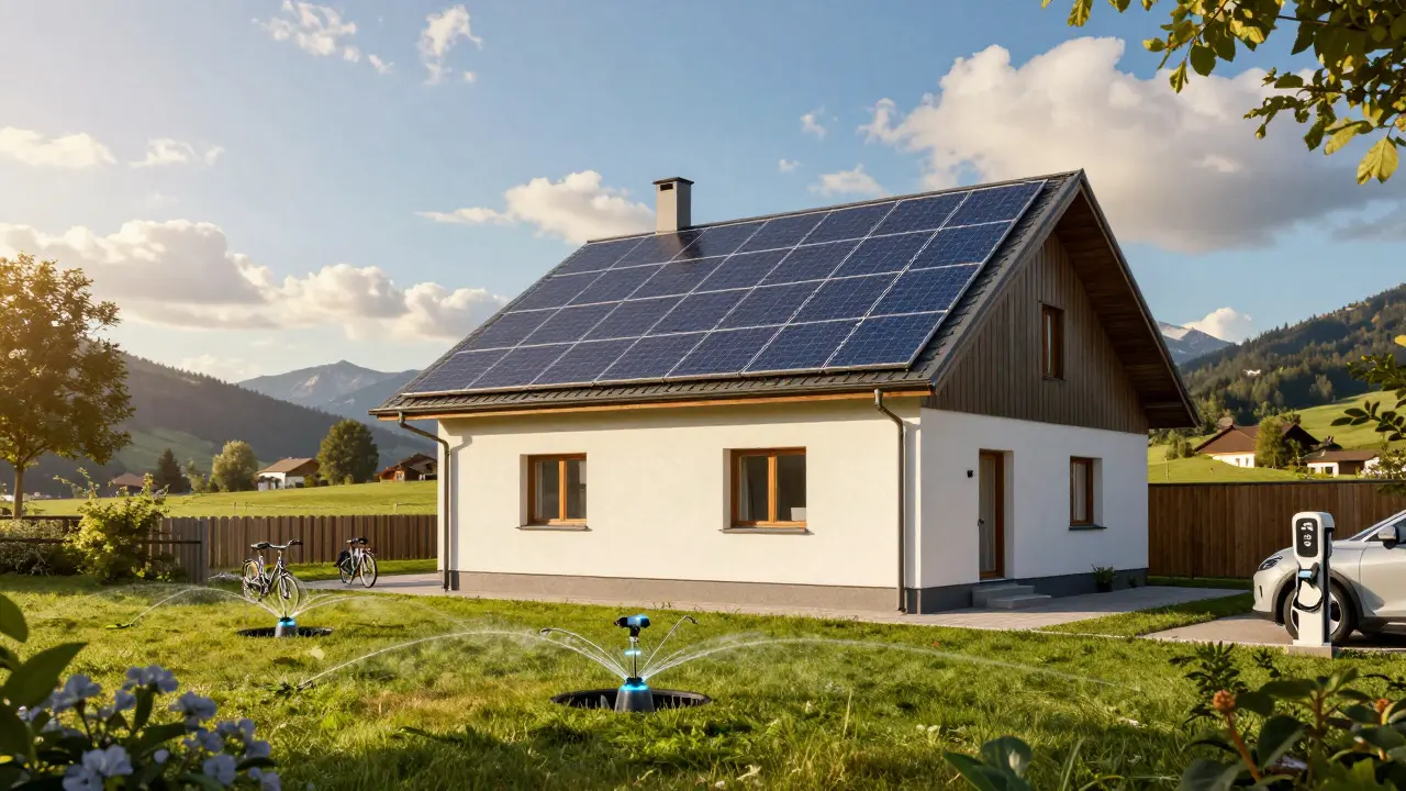 Modernes Haus mit Solarpanels und Wärmepumpe in ländlicher Umgebung