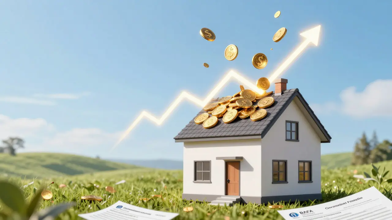 Modernisiertes Haus mit Symbolen für Wertsteigerung und Einsparungen