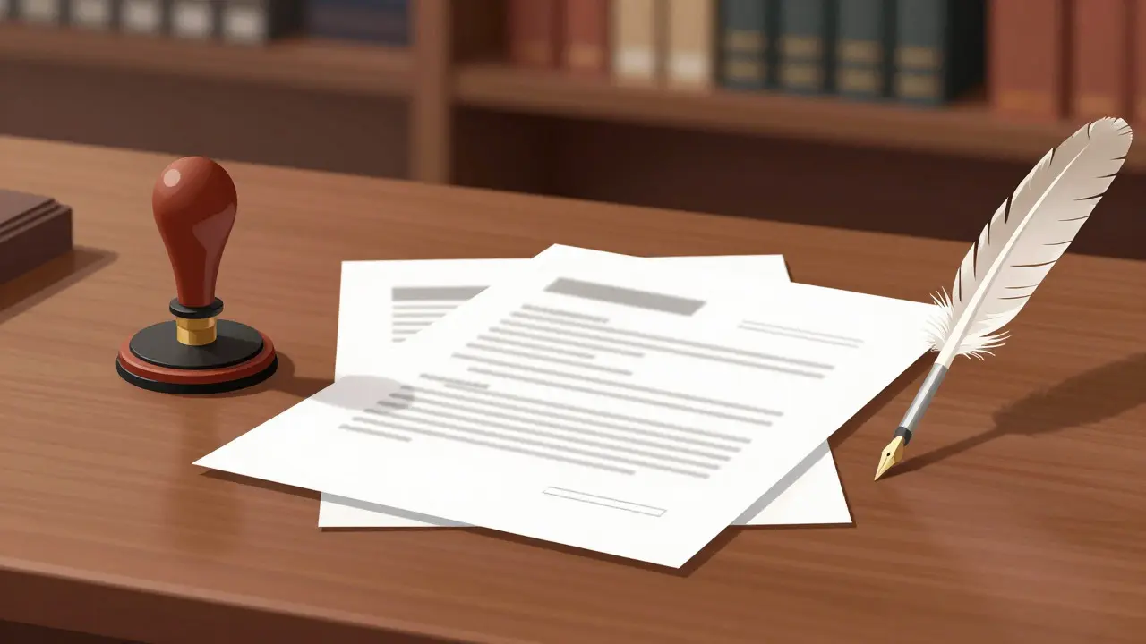 Notary seal and legal documents on a desk in an office setting