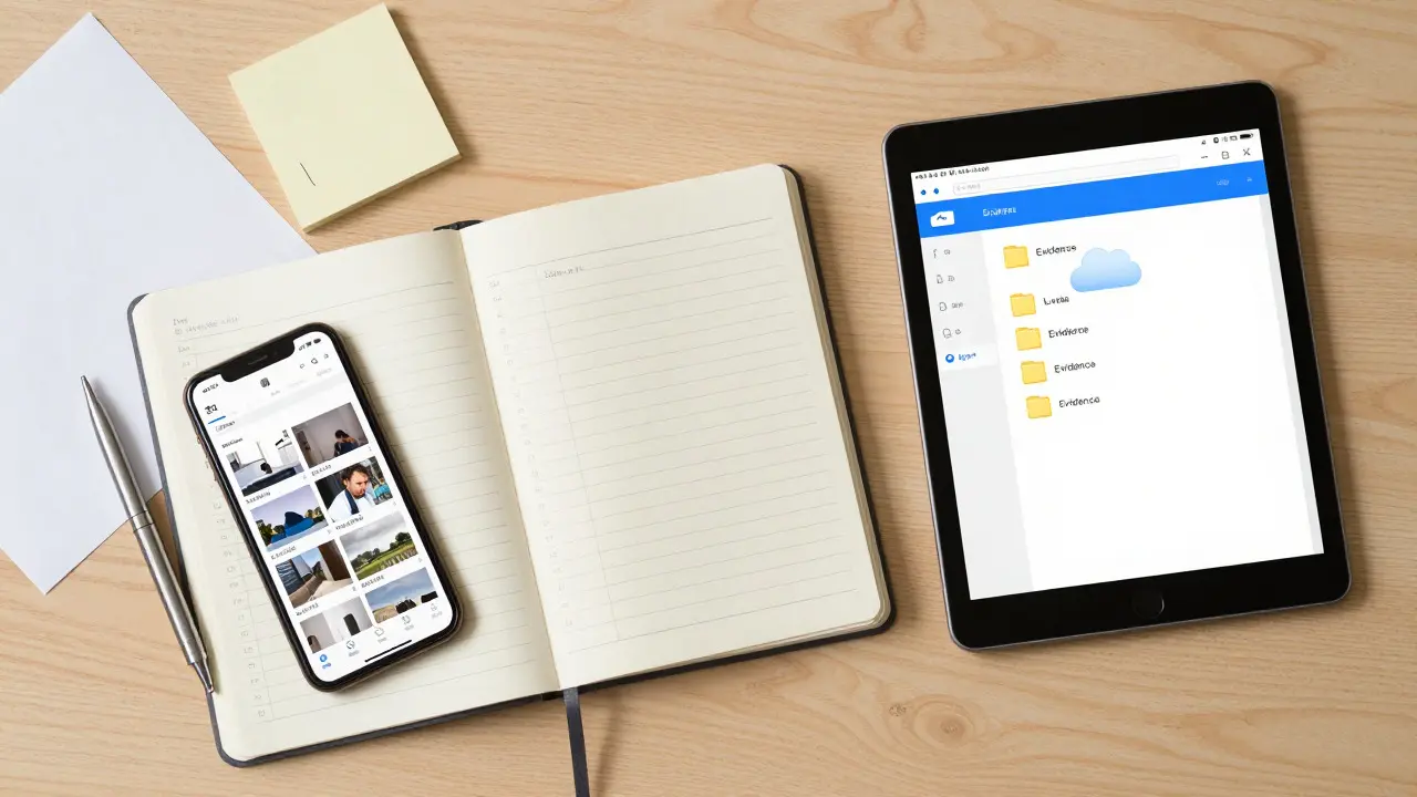 Organisierter Schreibtisch mit Mängelprotokoll, Handy und Tablet