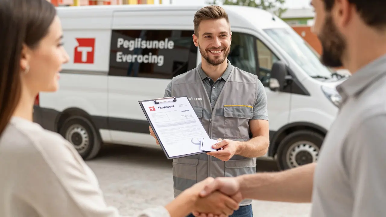 Professionelle Übergabe einer Rechnung zwischen Handwerker und Bauherr