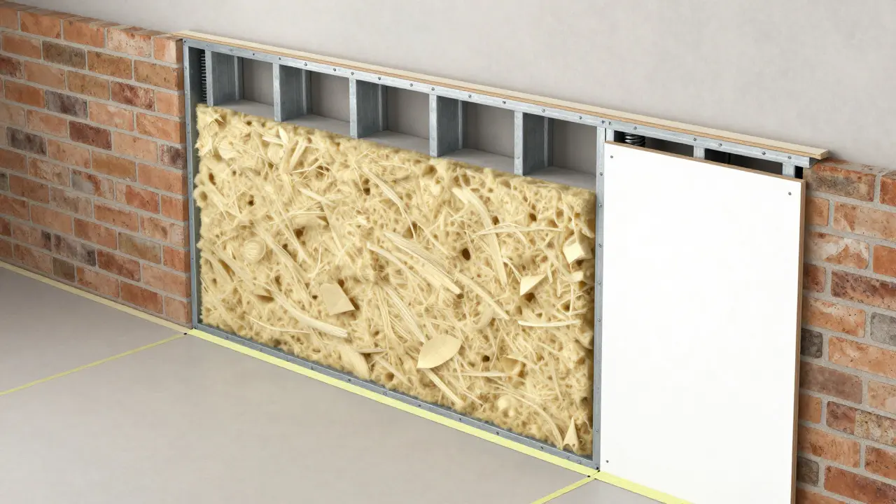 Querschnitt einer schalldämmenden Wand mit Mineralwolle und Gipskarton