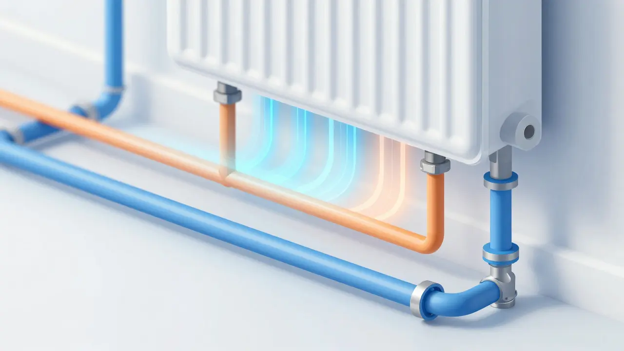 Schematic illustration of balanced water flow in a central heating system with colored pipes