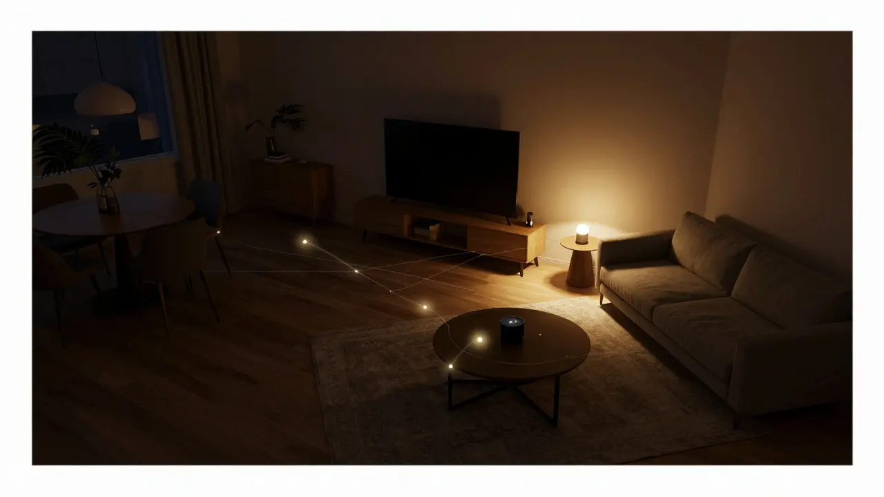 Schematische Darstellung von Lichtzonen im Wohnzimmer bei Abendstimmung