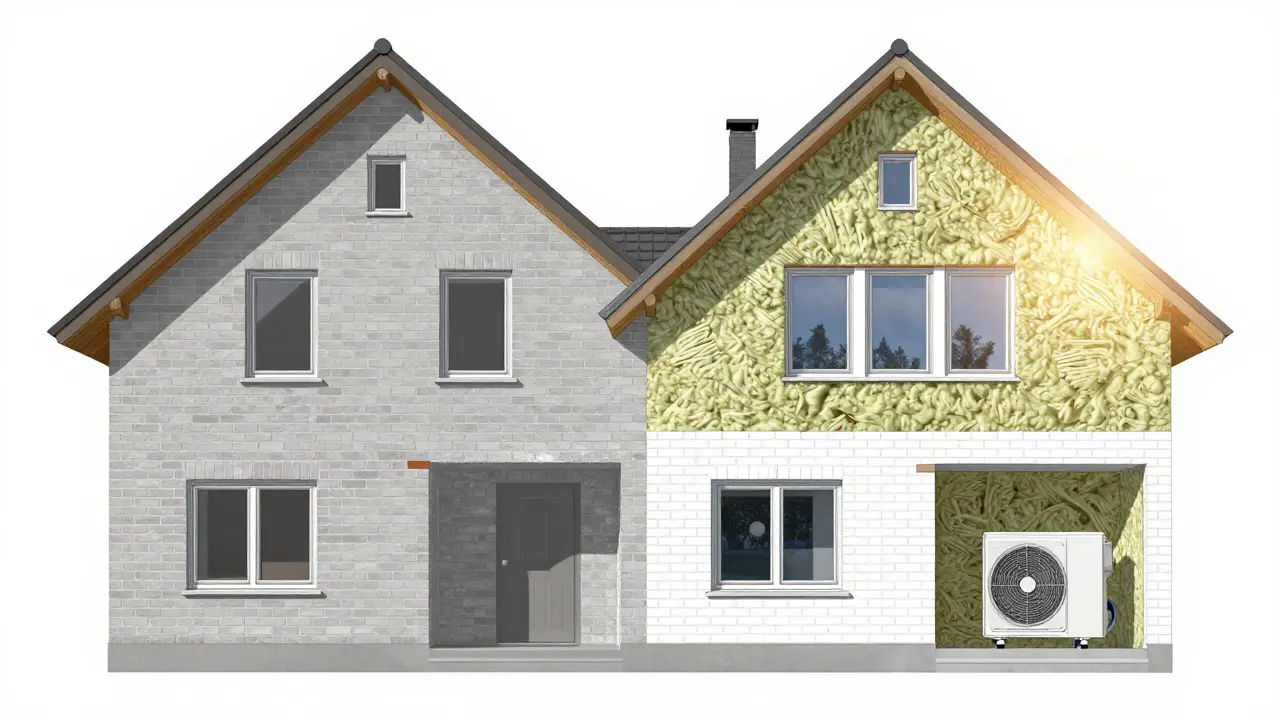 Schnittmodell eines Hauses vor und nach der energetischen Sanierung