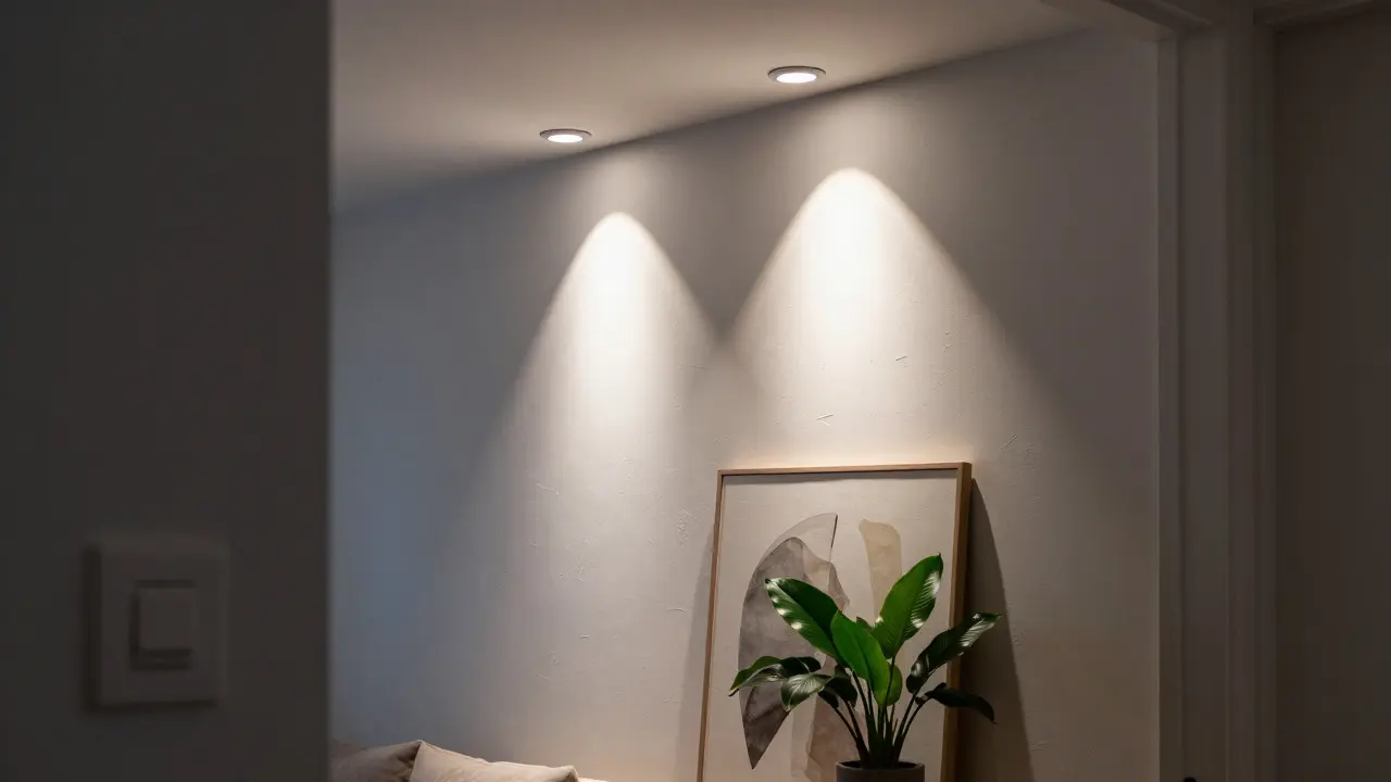 Spotlights beleuchten Kunstwerk und Pflanze an texturierter Wand