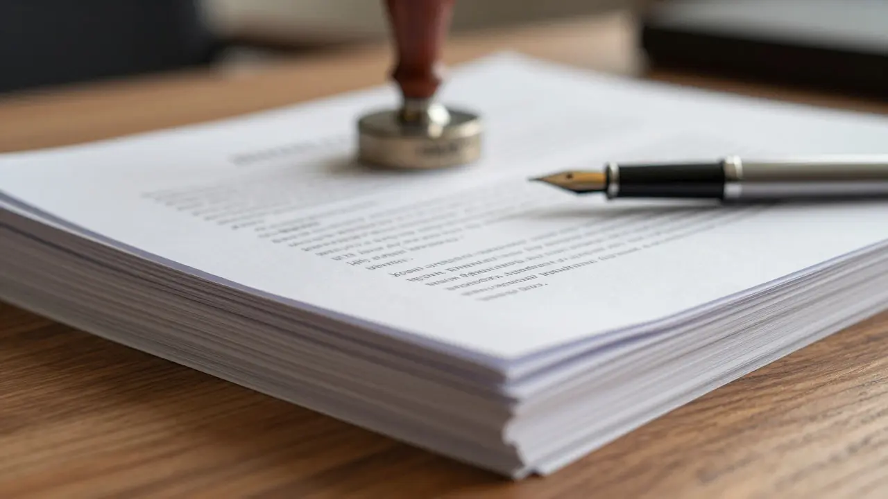 Stack of financial contracts and a stamp on a wooden desk