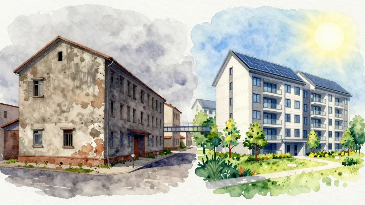 Vergleich eines alten und eines neuen, energieeffizienten Wohnhauses in Aquarelltechnik
