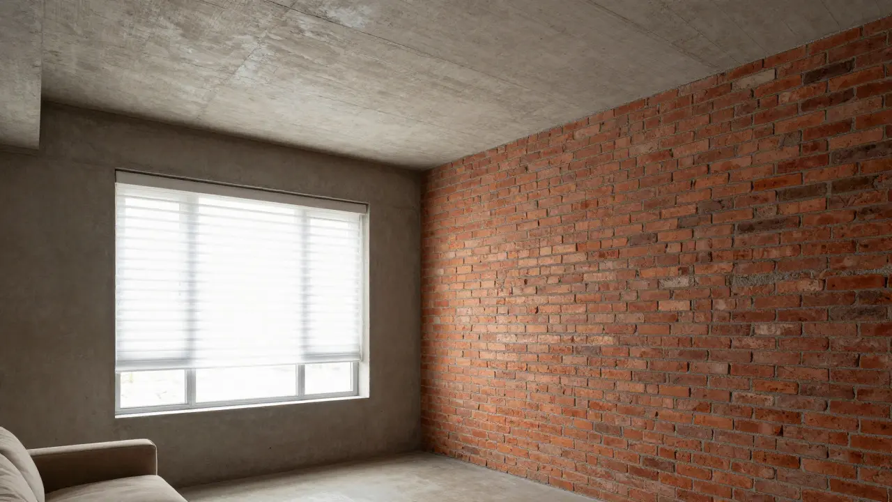 Wohnzimmer mit freiliegenden Beton- und Ziegelwänden als Wärmespeicher