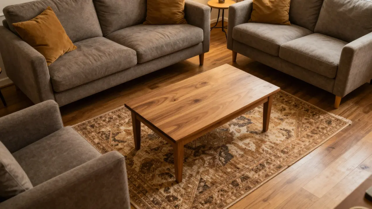 Wohnzimmer mit Teppich unter vorderen Sofabeinen und Tisch