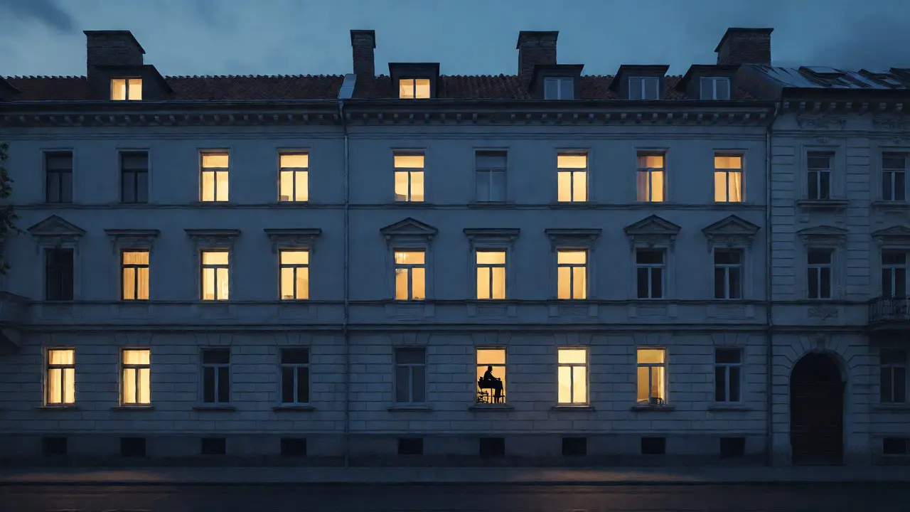 Abendliche Ansicht eines Wohnhauses mit beleuchteten Fenstern und Silhouette eines Gastgebers