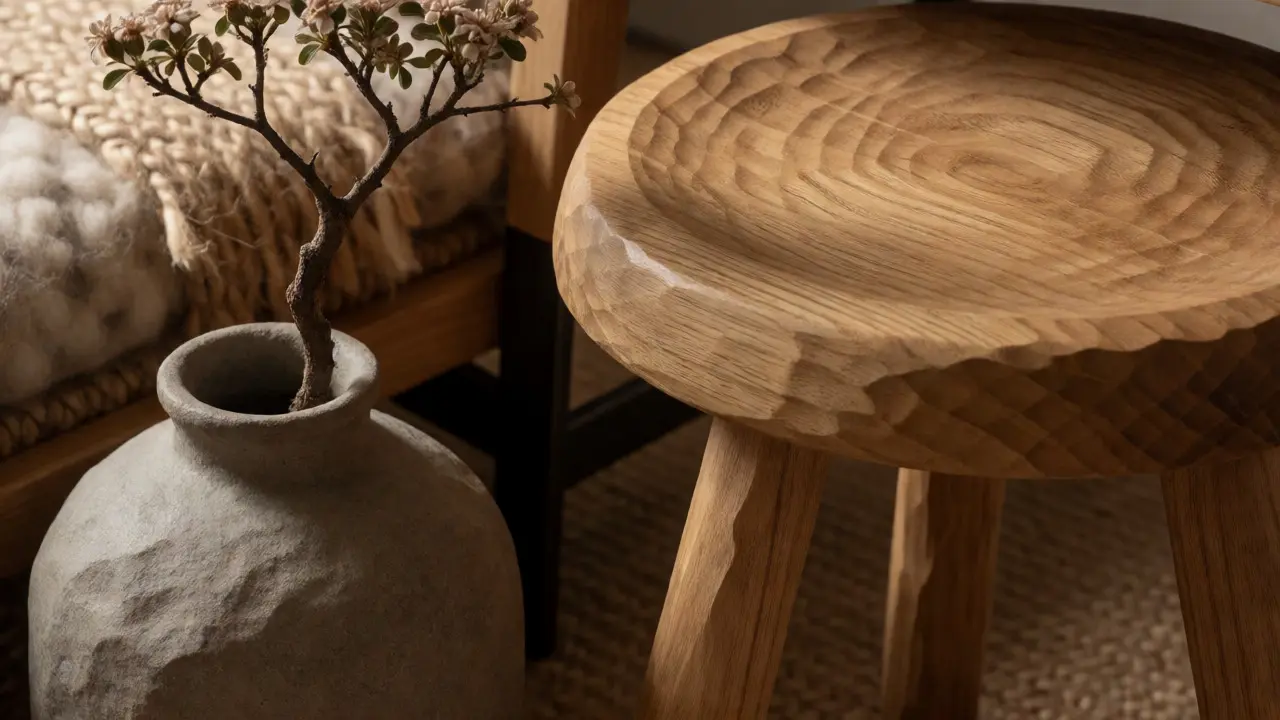 Detailaufnahme von handgefertigtem Holz und Keramik im Japandi-Stil