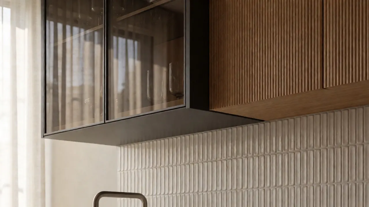 Detailaufnahme von Rillenholz, Rauchglas und Relief-Kacheln im Küchen-Design