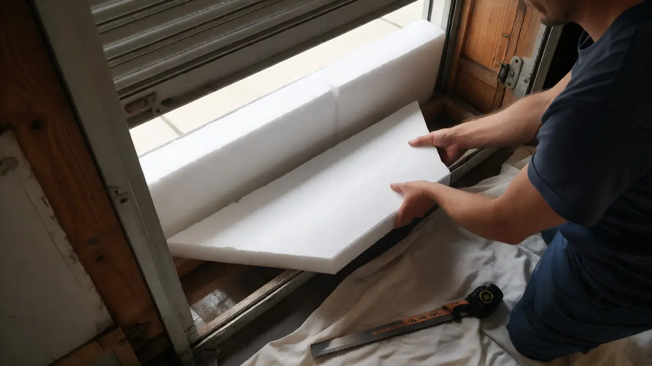 Einbau von Polystyrol-Dämmung im Rollladenkasten