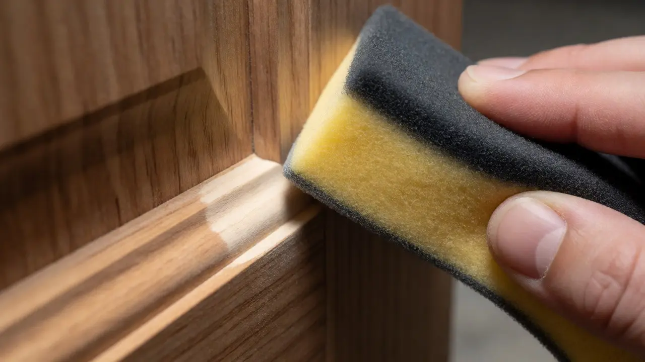 Handschliff mit flexibler Schaumstoff-Scheibe an einer profilierten Holzkante