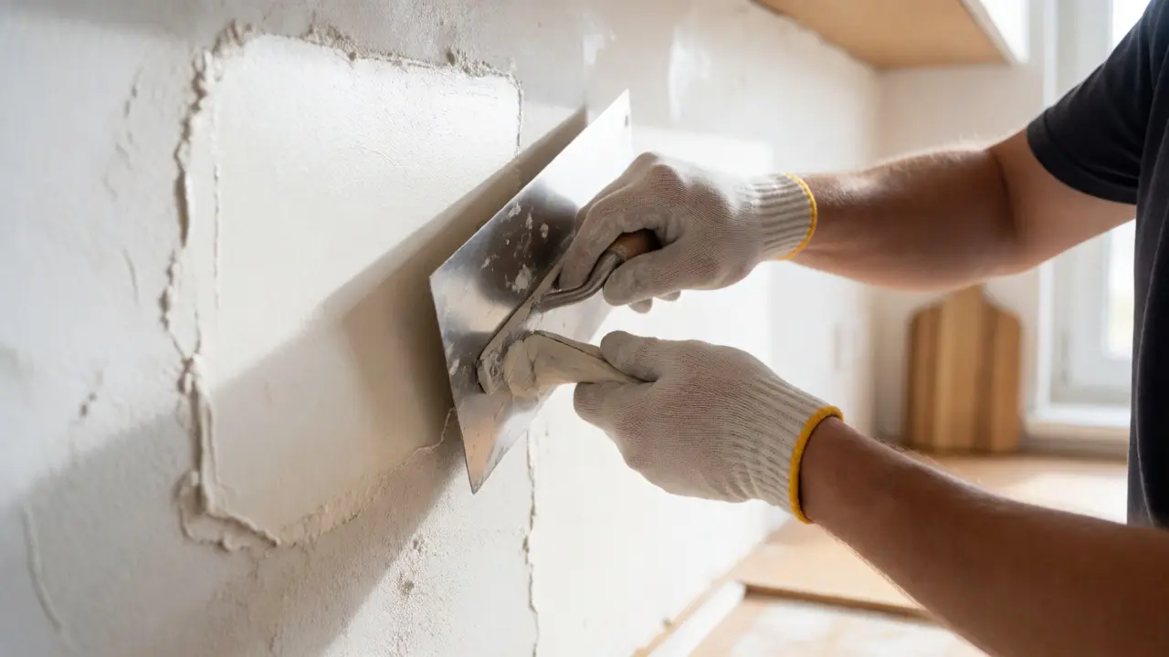 Handwerker glättet Kalkputz an einer Küchenwand mit einer Glättekelle.
