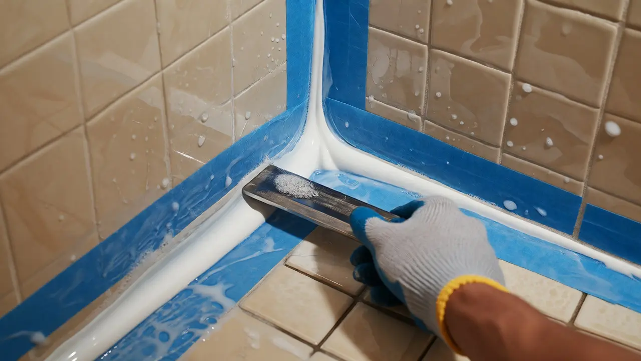 Handwerker glättet neue Silikonfuge mit Werkzeug