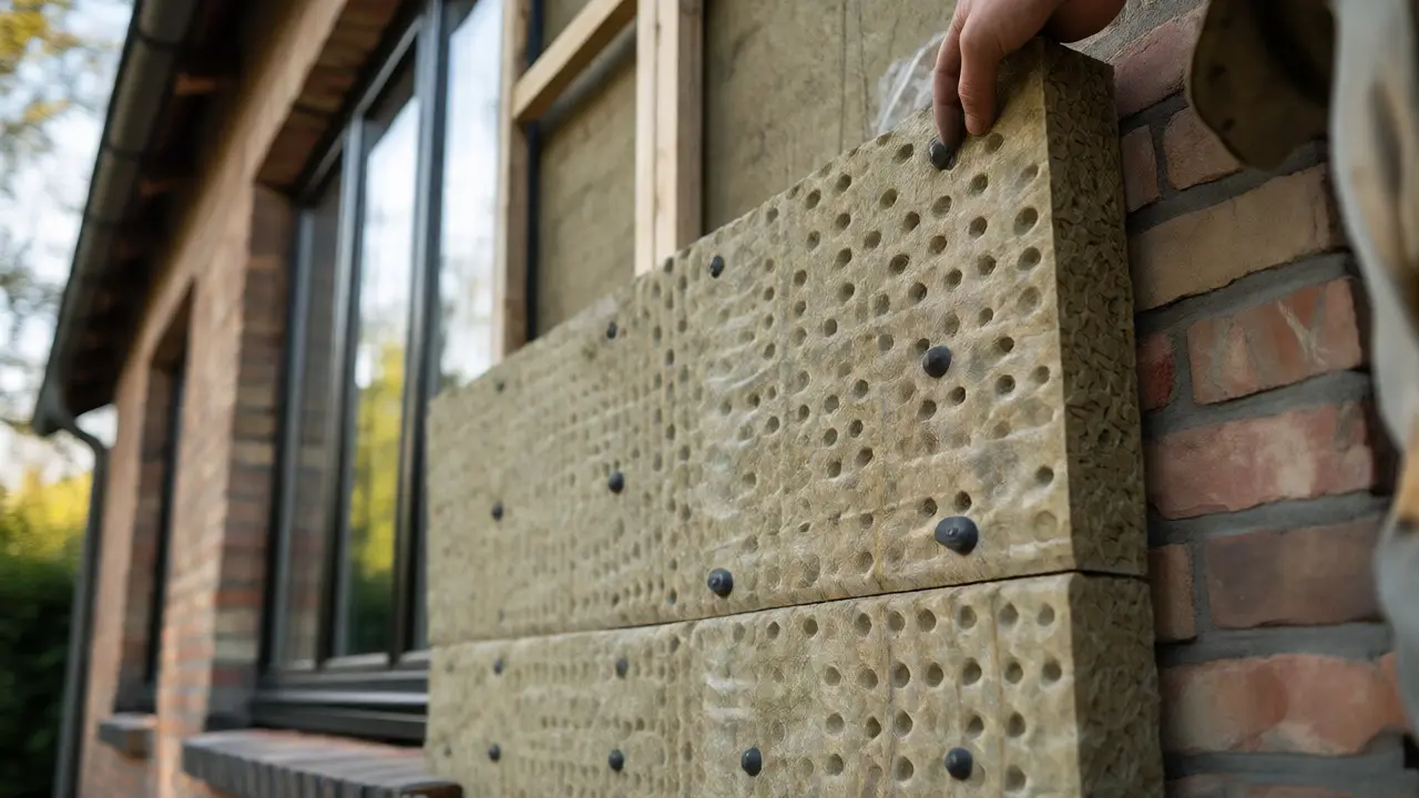 Handwerker montiert Dämmplatten an die Außenfassade eines Einfamilienhauses