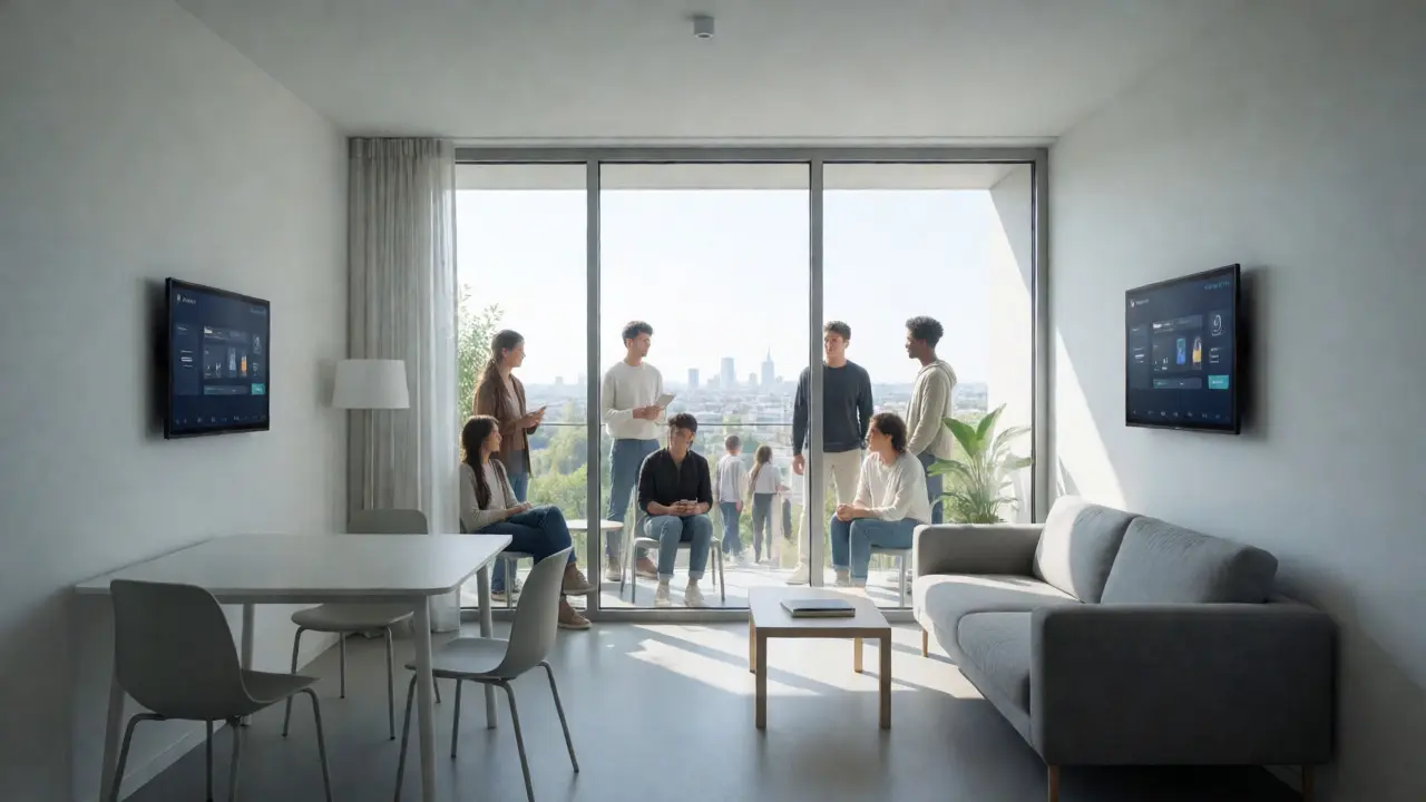 Helles, modernes Studentenwohnheim-Innenraumdesign mit Blick auf die Frankfurter Skyline.