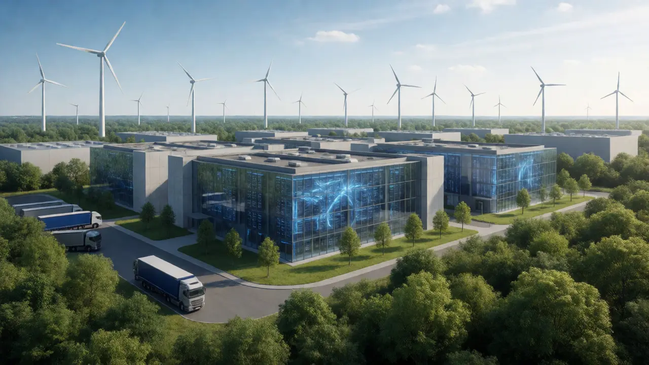 Hightech-Rechenzentrum in Deutschland mit angrenzender grüner Infrastruktur und Logistikflächen.