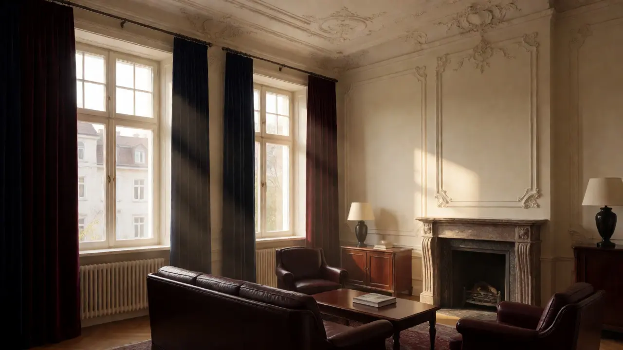 Klassisches Altbau-Zimmer mit Stuckdecke und dunklen Möbeln