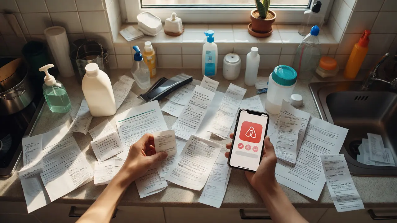 Küchentheke mit Quittungen, Putzmitteln und Steuerdokumenten für Airbnb-Vermieter