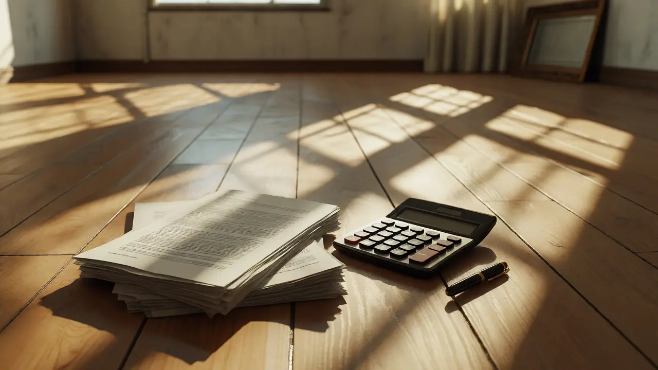 Leere Wohnung mit Dokumenten und Sonnenlicht auf dem Boden