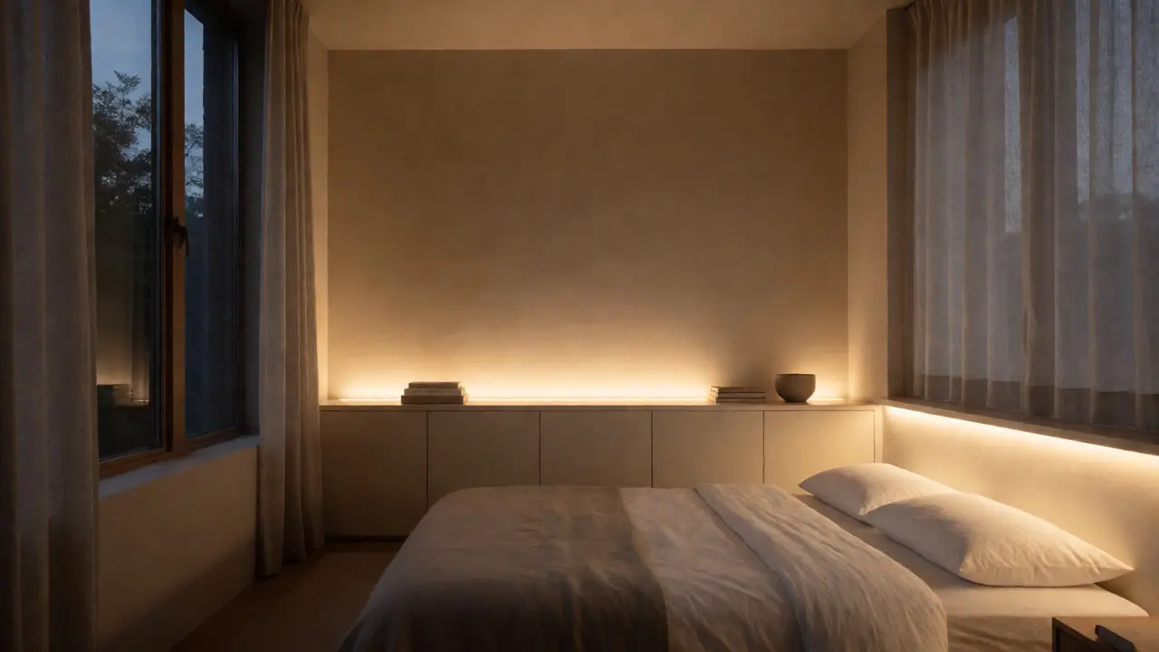 Minimalistisches Schlafzimmer mit indirektem Licht und Naturmaterialien