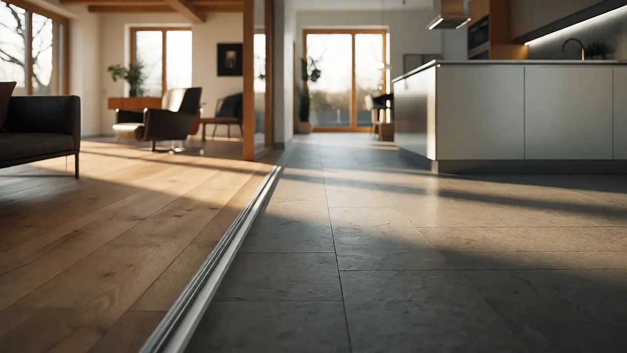 Modernes Wohnzimmer mit fließendem Übergang von Holz- zu Steinboden im offenen Raum.