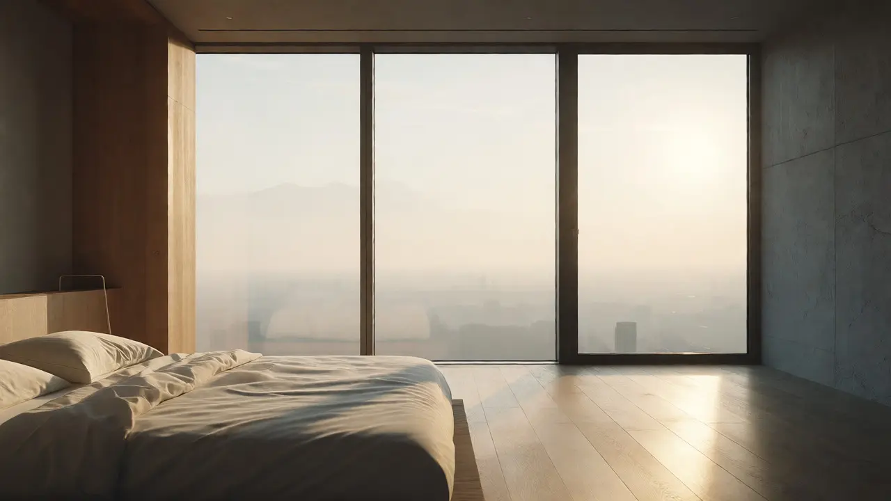 Ruhiges, helles Schlafzimmer mit Blick auf eine entfernte Stadt
