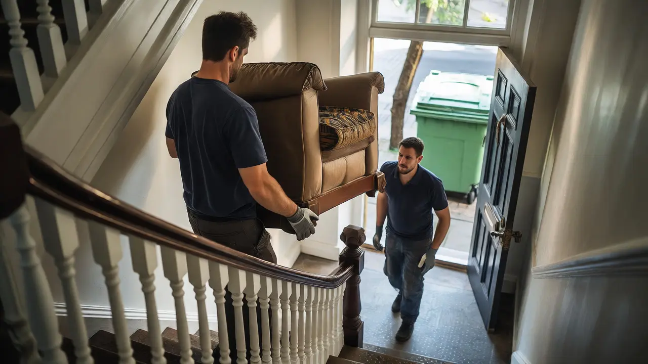 Umzugshelfer tragen schwere Möbel eine enge Treppe hinunter
