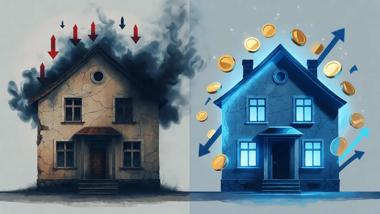 Vergleich eines unsanierten und eines energetisch sanierten Hauses
