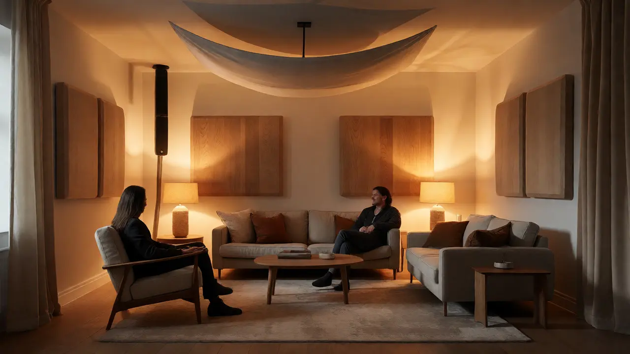 Wohnzimmer mit Akustikpaneelen und Deckensegeln für bessere Hörbarkeit