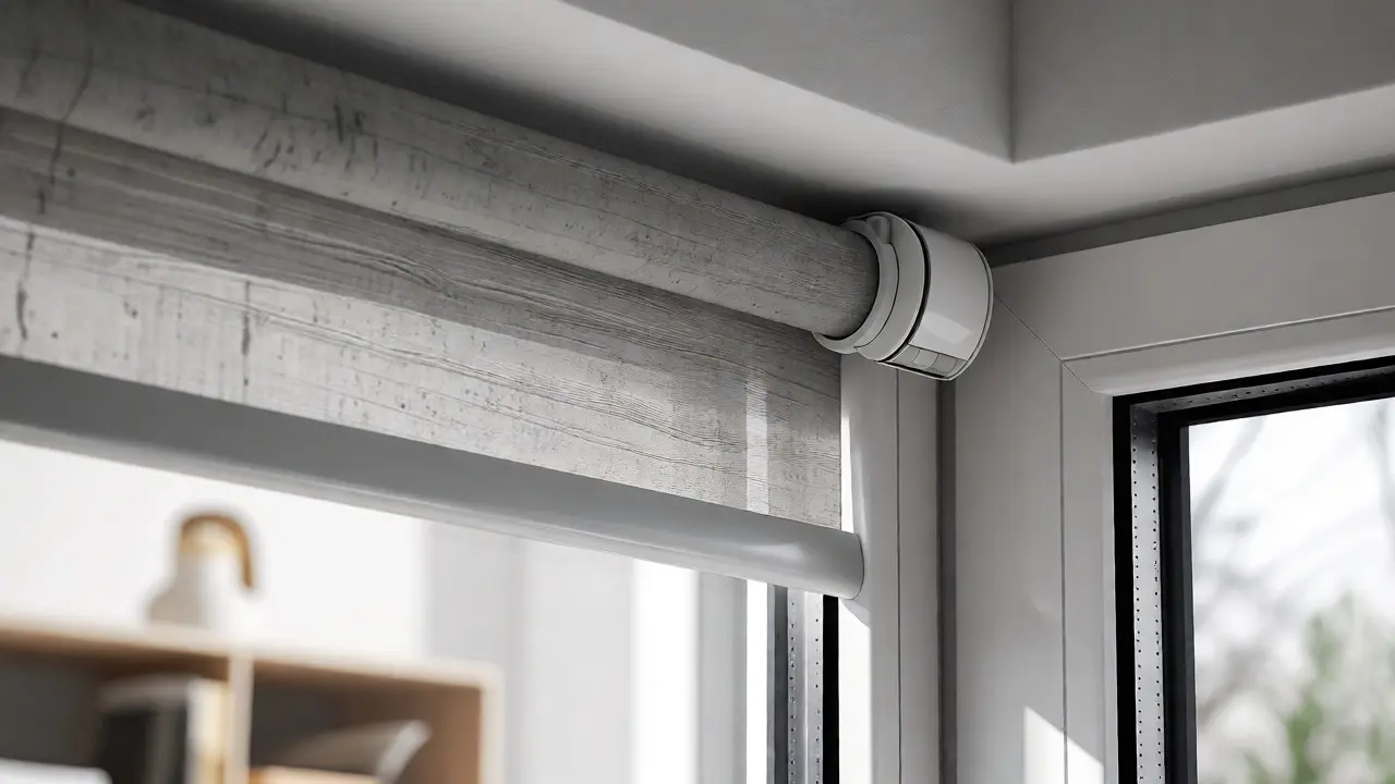 Detailaufnahme eines modernen Rollos mit strukturierter Oberfläche und Smart-Home-Anschluss.