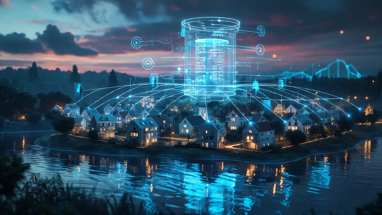 Digitale Visualisierung des zukünftigen elektronischen Grundbuchs mit vernetzten Häusern.