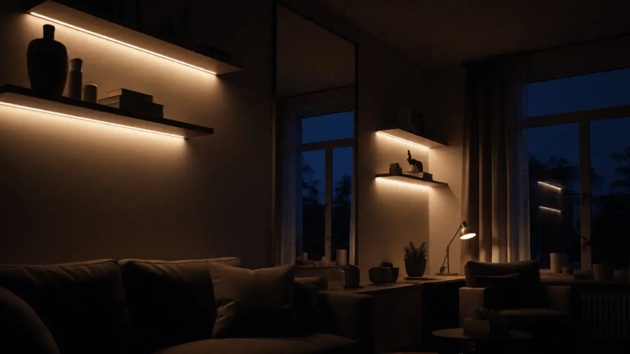 Gemütliches Abendlicht im Wohnzimmer mit indirekter Beleuchtung und spiegelnder Wanddekoration