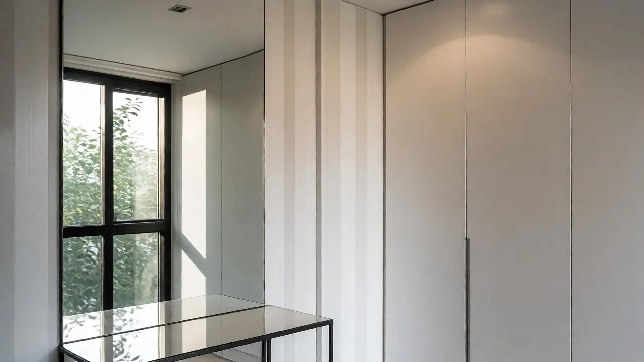 Großer Spiegel gegenüber dem Fenster und hoher Einbauschrank bis zur Decke im kleinen Flur.