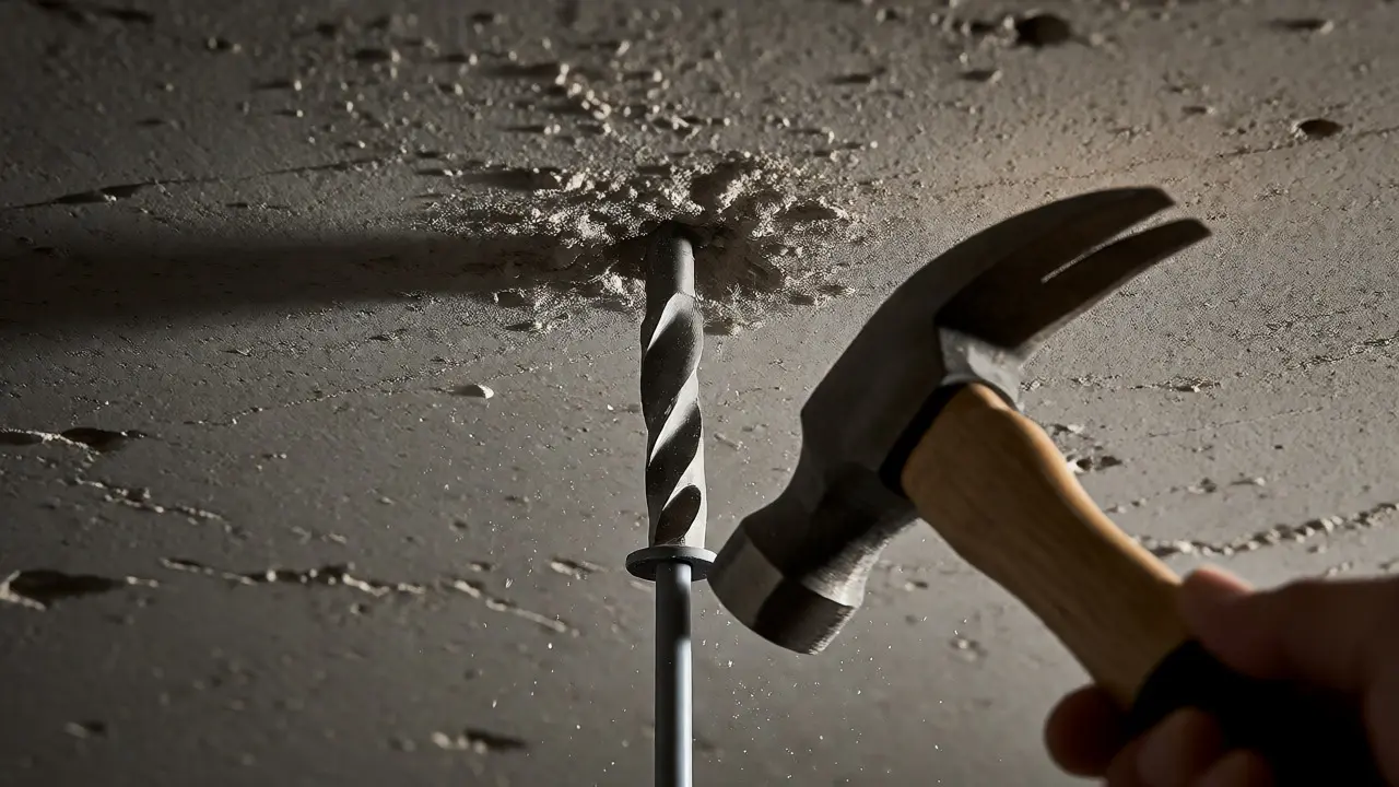 Hammer schlägt einen Dübel in ein Bohrloch in der Betondecke.