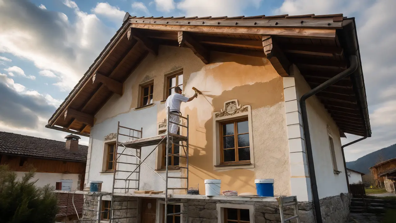 Handwerker streicht die Wetterseite eines österreichischen Hauses mit Schutzanstrich.