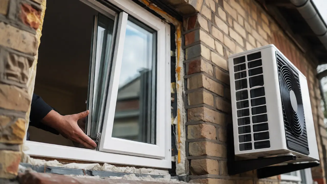 Installation eines modernen Fensters und einer Wärmepumpe an einer alten Hausfassade zur energetischen Sanierung.