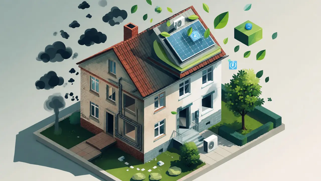 Isometrische Darstellung einer Hausrenovierung mit Fokus auf Dämmung und erneuerbare Energien als Weg zur Konformität.