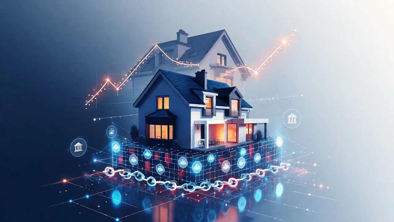 Konzeptbild: Haus auf Blockchain-Fundament mit Wertsteigerung