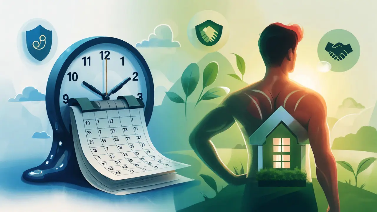Konzeptuelle Illustration zu Zeitmanagement, Gesundheit und Sicherheit im Hausbau