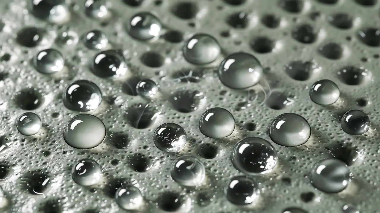 Makroaufnahme von Wassertropfen, die auf einer wasserabweisenden Fassadenbeschichtung abperlen.