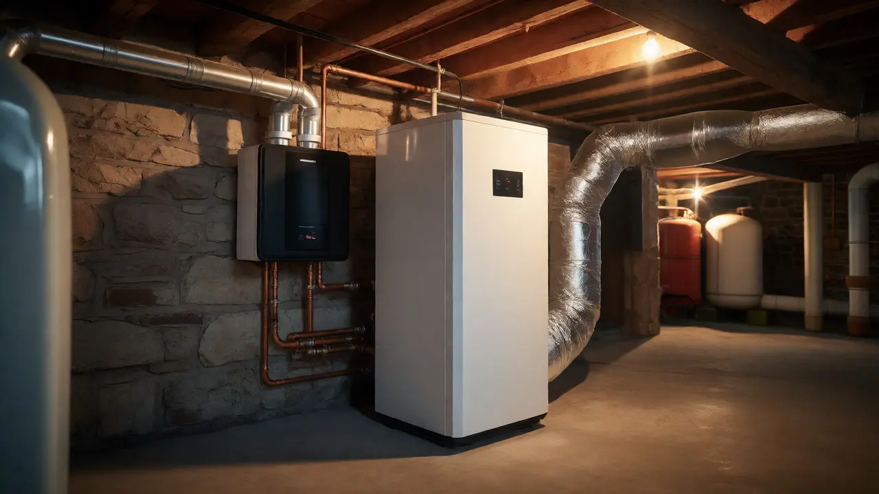 Moderne Wärmepumpe im Keller eines Altbaus installiert