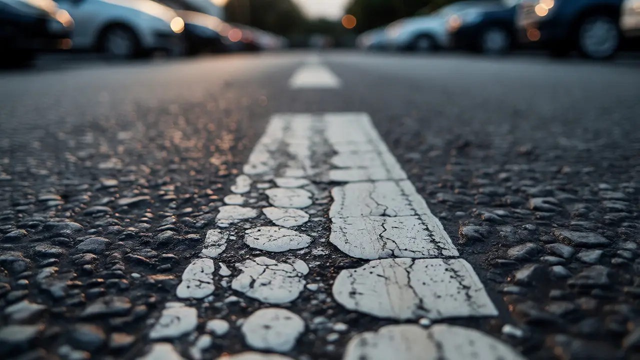 Nahaufnahme von abgenutzten Parkplatzmarkierungen im Regen als Symbol für Instandhaltungspflichten