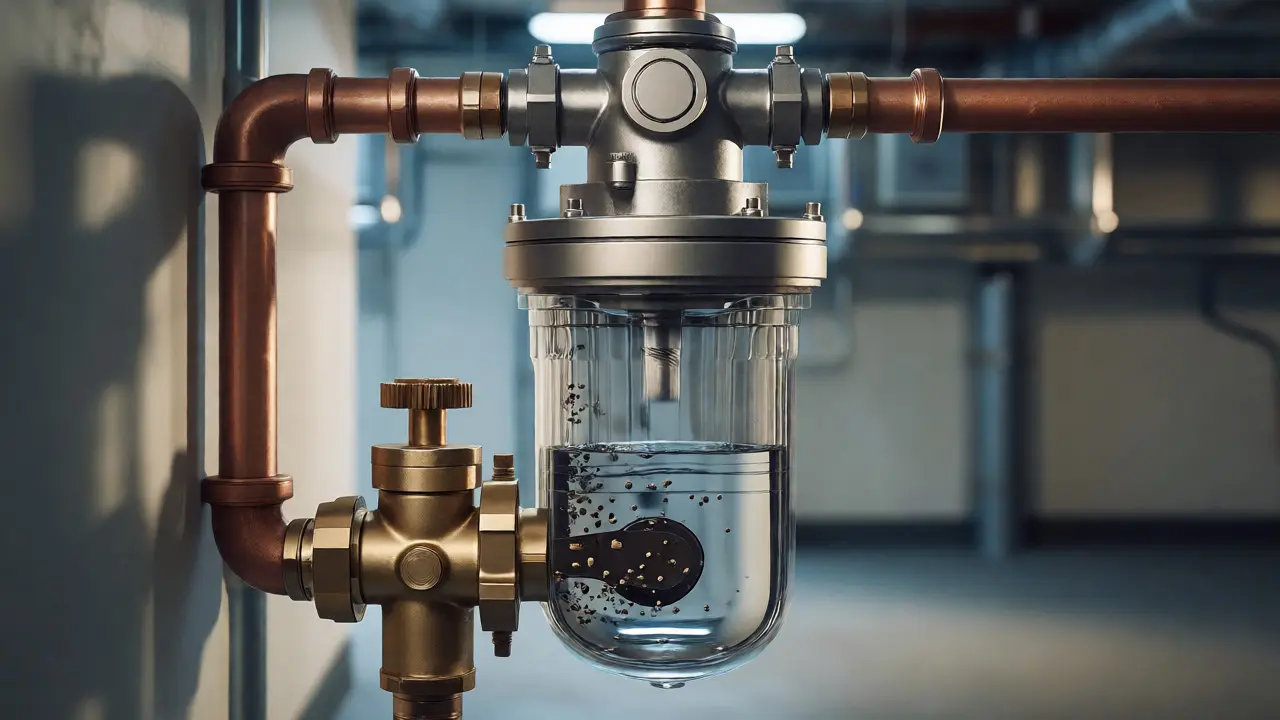 Technische Hauswasserstation mit Filter und Druckminderer im Keller.