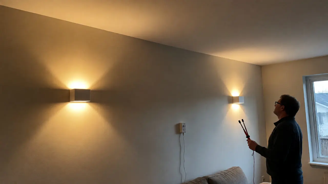 Wohnzimmer mit neu installierten Wandleuchten und zufriedener Bewohner.
